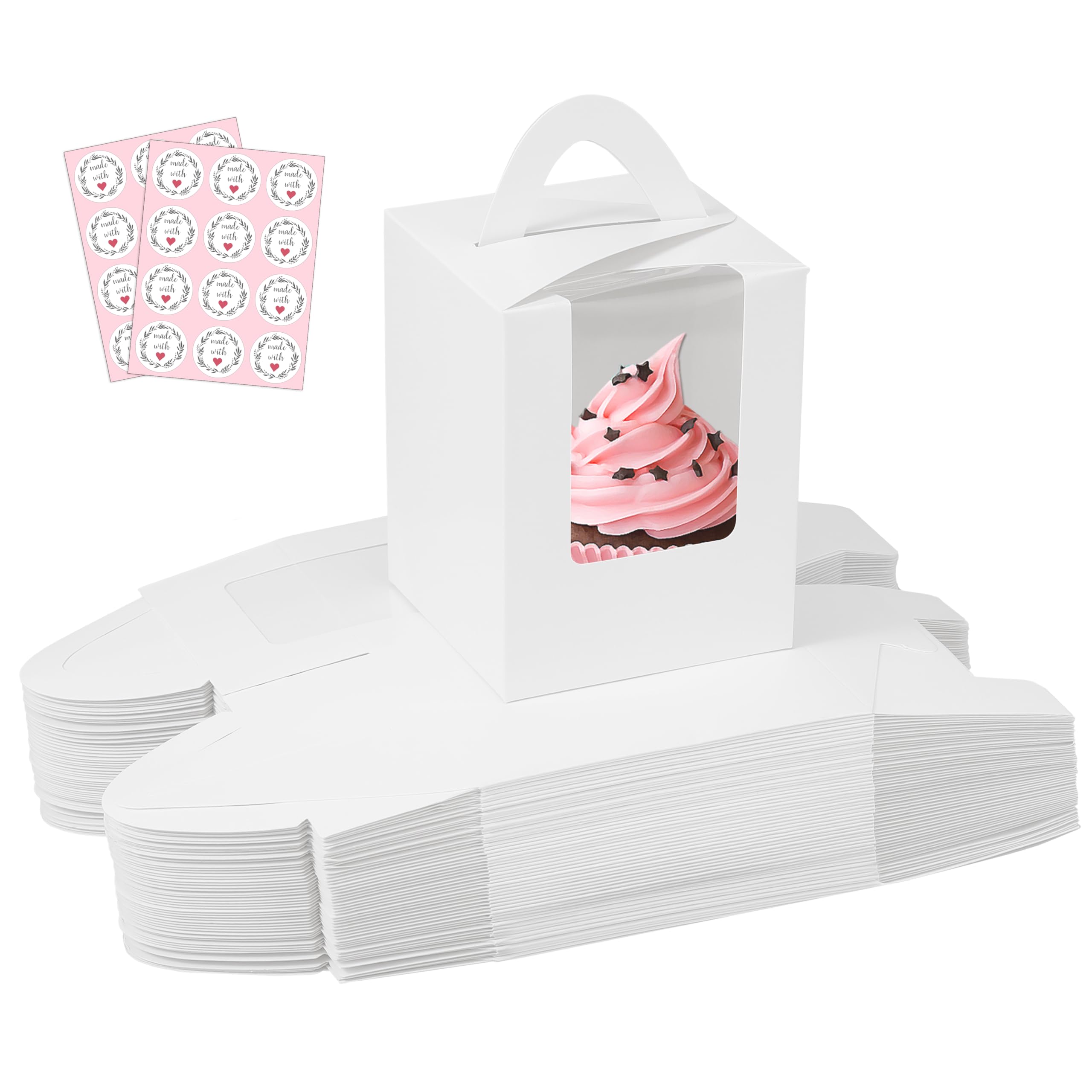 KGVZPT 60 Packs White Cupcake Boxes Carriers with Window&Inserts Handle,3.5x3.5x4.5 Inch,Portable,Individual Cupcake Containers Cardboard Holders for Cookies,Donuts,Candy,Muffins(with Stickers)
