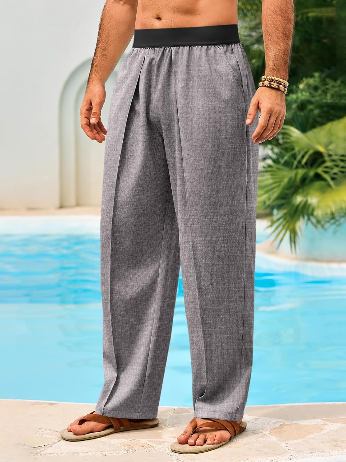 Runcati Mens Casual Linen Pants Elastic Waist Straight Leg Pants Lightweight Loose Fit Summer Beach Yoga Trousers - Image 3