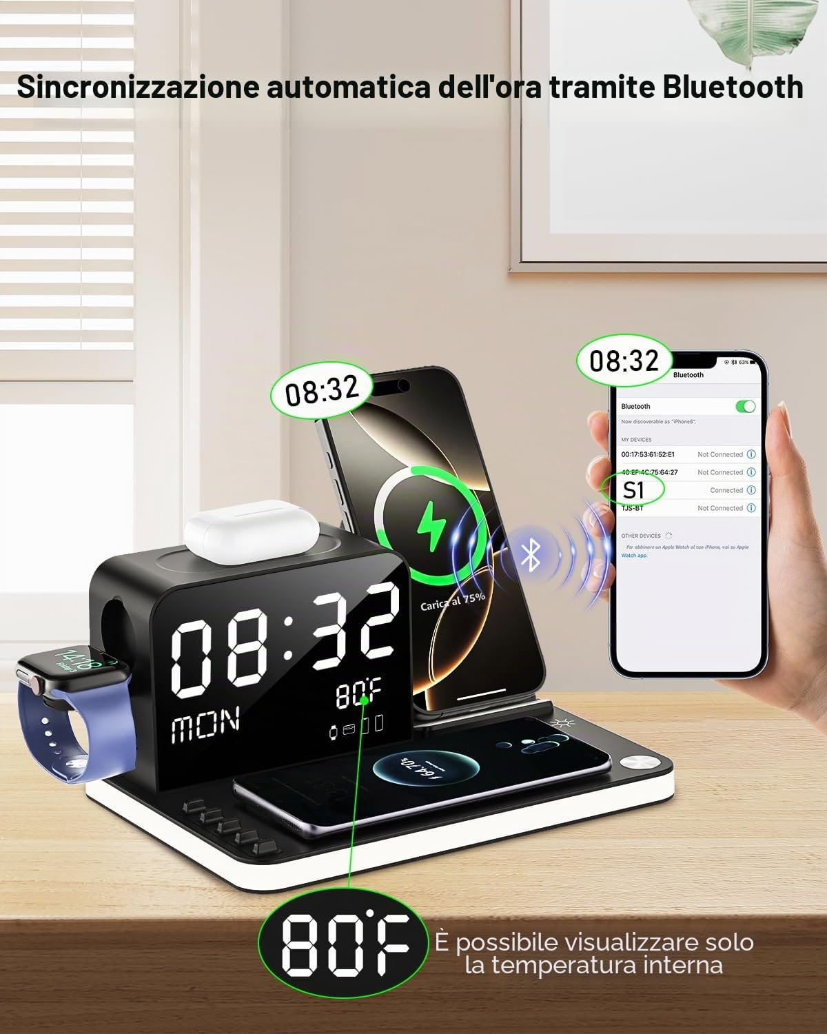 Stazione di Ricarica, Caricatore Wireless Doppio 7 in 1 con Orologio, Dock di Ricarica da Comodino con Luce, Adattatore da 33W, TimeSync, Caricatore Rapido per iPhone 17 16 15 14 13 12 Pro Max Apple