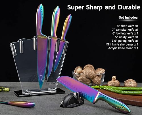 Miniatura 9 de WELLSTAR Juego de 7 cuchillos arcoíris de acero inoxidable alemán iridiscente con soporte acrílico, revestimiento de titanio colorido, juego de
