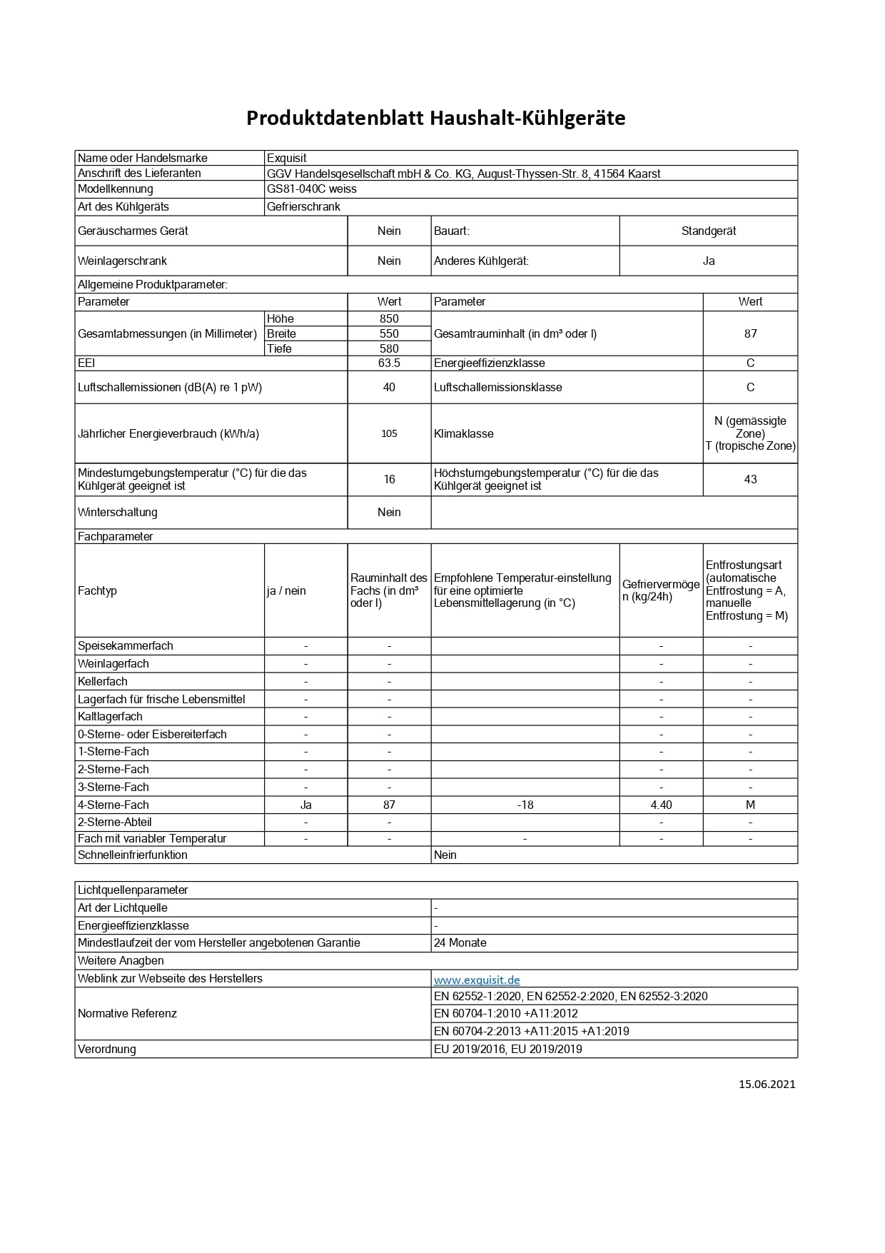 Exquisit Gefrierschrank GS81-040C weiss | 87 l Nutzinhalt | 4 Sterne | 55cm