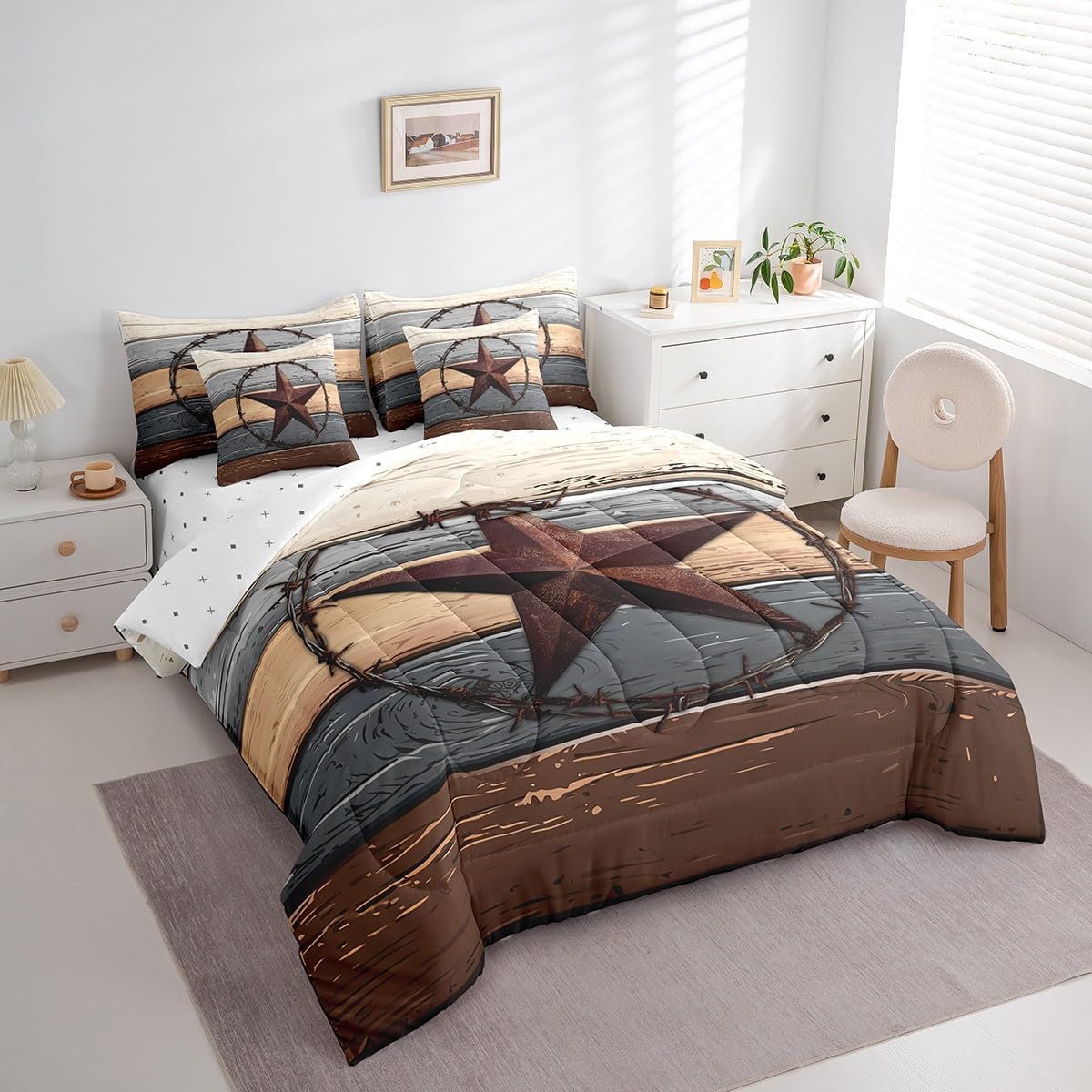 7pcs Western Texas Star Comforter Set Queen, Brown Grey Wooden Plank Bed Set for Kids Boys, Rustic Farmhouse Cowboy Bedding(1 Comforter,1 Fitted Sheet,1 Flat Sheet,2 Pillowcases,2 Throw Pillow Cover)