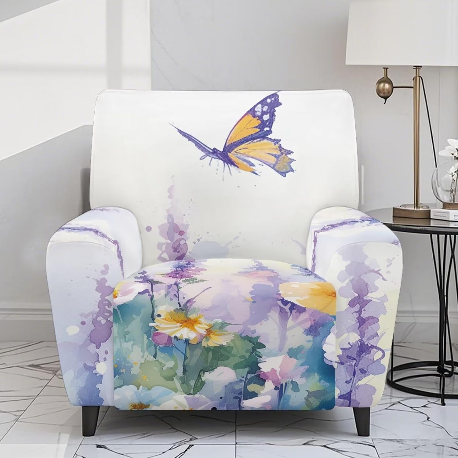 Kuiaobaty Watercolor Purple Floral Butterfly Recliner Chair Covers 4 Pieces Stretch Single Recliner Slipcover with Storage Pockets Sofa Couch Cover Washable Furniture Protector for Pets Kids