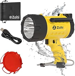 Zohi Waterproof Rechargeable Spotlight - LED Super Bright Flashlight - Rechargeable Searchlight, Boat Spot Light, LED Spotlight Torch - 1000 Lumen Powerful Handheld Spotlight for Hiking and Camping