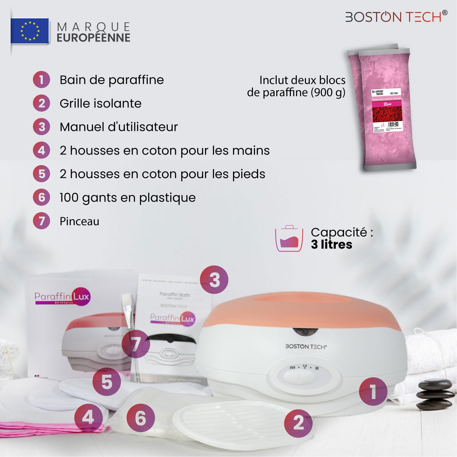 Boston Tech bain de paraffine 3 litres 900 g paraffine accessoires