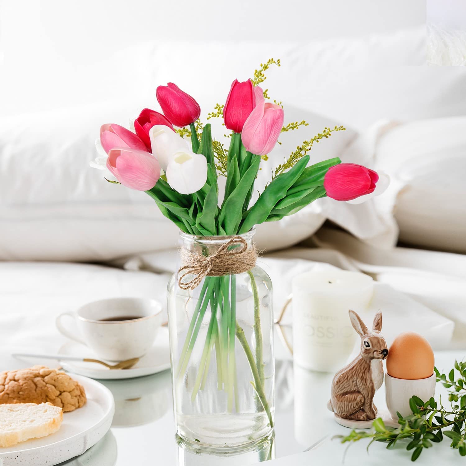 GIUSOBG 15 stuks kunsttulpen van polyurethaan, melkachtig wit, echt gevoel, 34 cm, kunstbloemen, echt gevoel, voor bruiloftskamer, woondecoratie, doe -het-zelf
