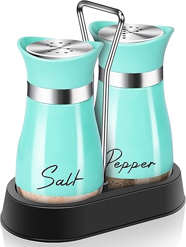 Juego de saleros y pimenteros verde azulado con soporte, decoración de cocina turquesa de 4 onzas y accesorios de granja, accesorios de granja,