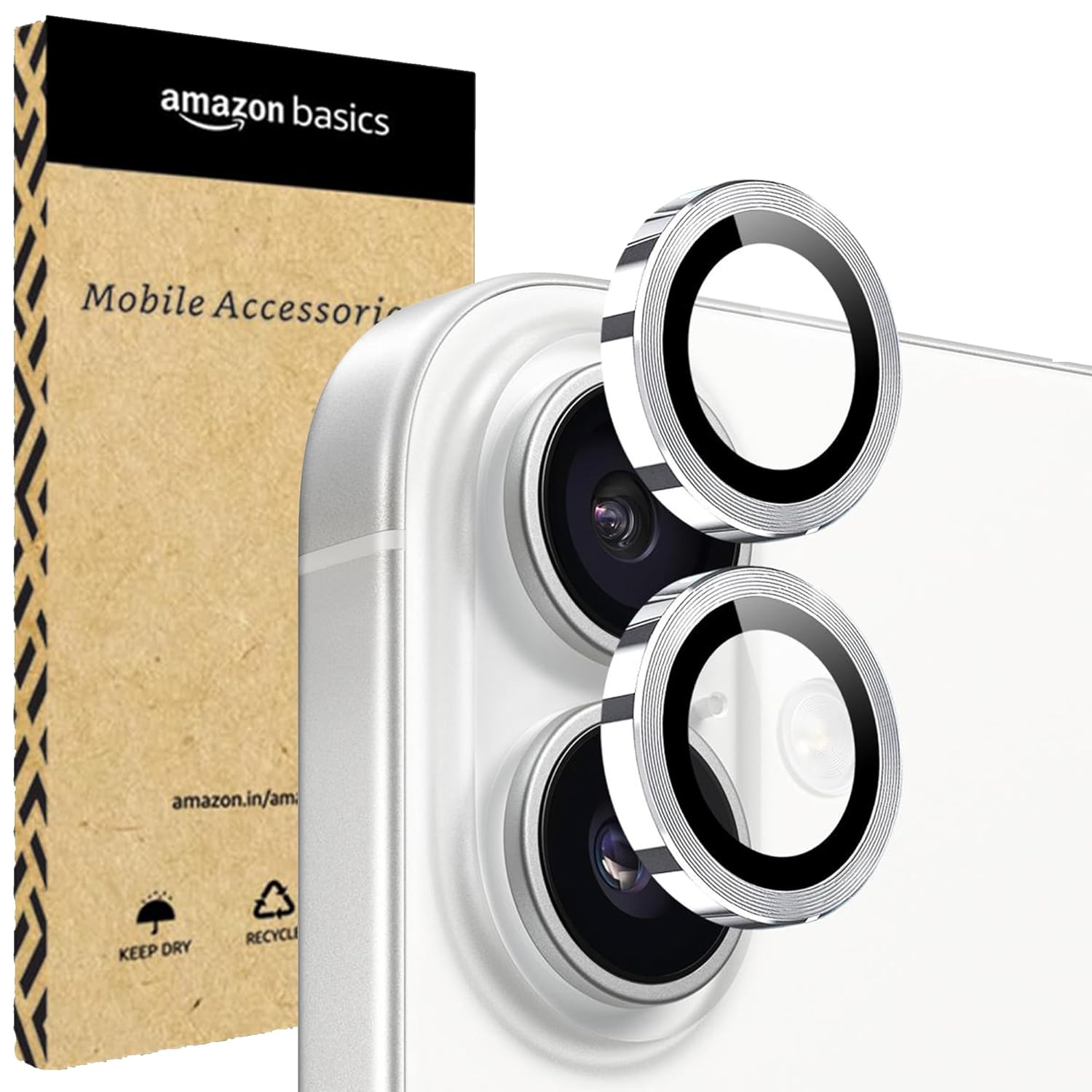 amazon basics Camera Glass Lens Protector Ring for iPhone 17 Case Friendly with Edge to Edge Coverage and Easy Installation (Silver)