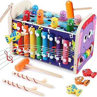 GraceDuck 8-in-1 Montessori Toys for 1+ Year Old Babies, Whack a Mole Game Wooden Hammering Pounding Toy with Xylophone & Fishing Toys, Developmental and Sensory Activities Toddler Toys Gift Ages 2-4