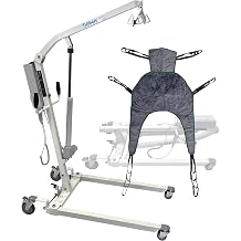 Electric Patient Lift - Rhino Lift with Manual Low Base - with Universal Divided Leg Sling with HeadrestLarge, 450 lb. Weight Capacity.