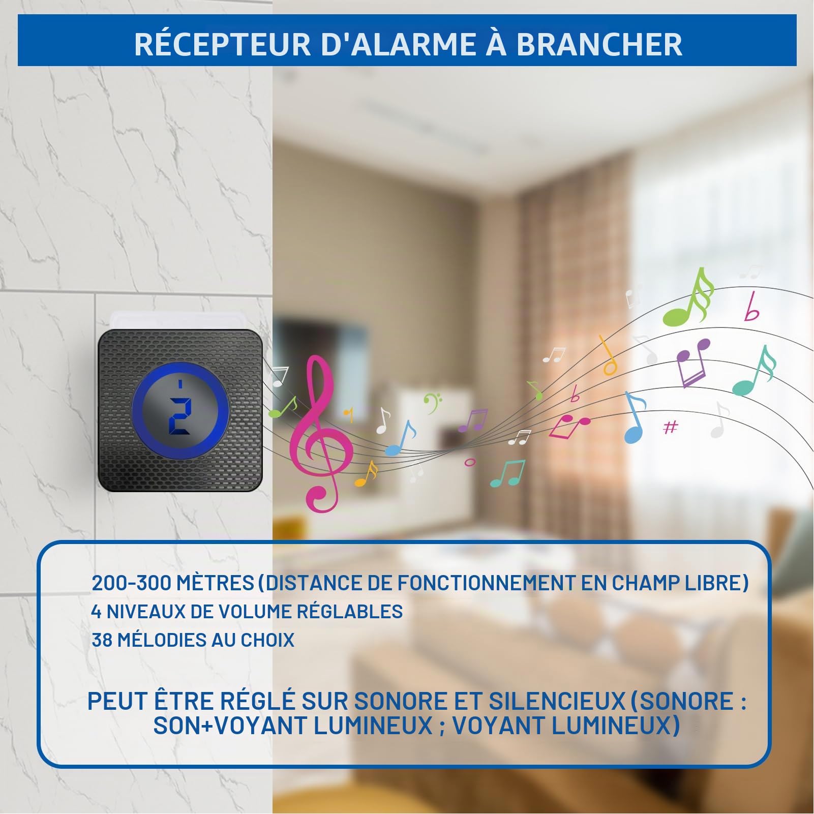 Topyond Système d'alerte pour Allée, Système D'alarme Solaire | Alarme Maison sans Fil avec détecteur de Mouvement extérieur, 1 Détecteur, 2 Récepteurs, Protection de la Maison,110-240V(EU)