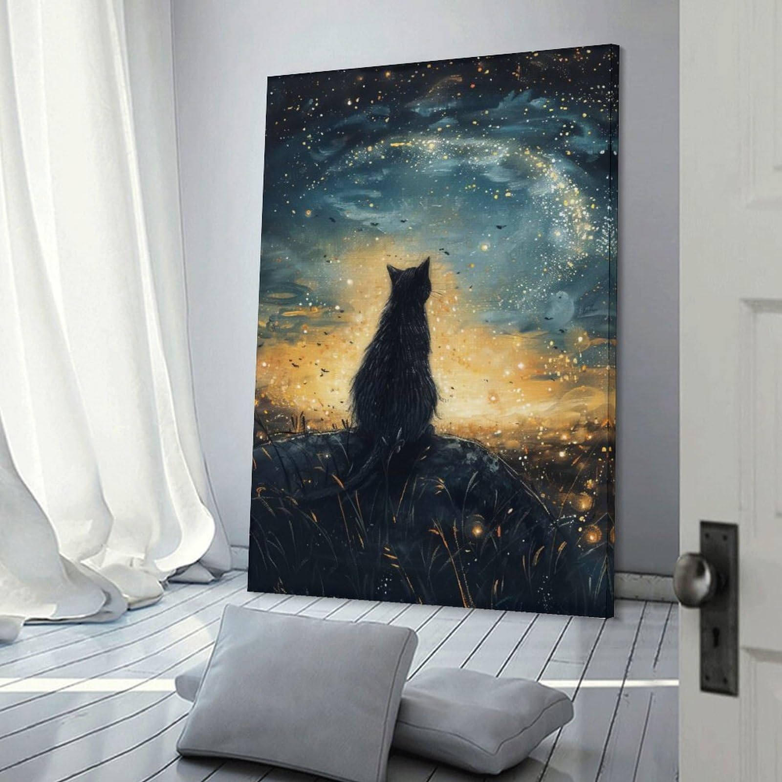 Junmoney Black Cat Gazing at Starry Sky Canvas Art Print, 20x30inch(50x75cm), for Living Room, Bedroom, Office Or Hallway, Decorative Artwork with Broad Appeal