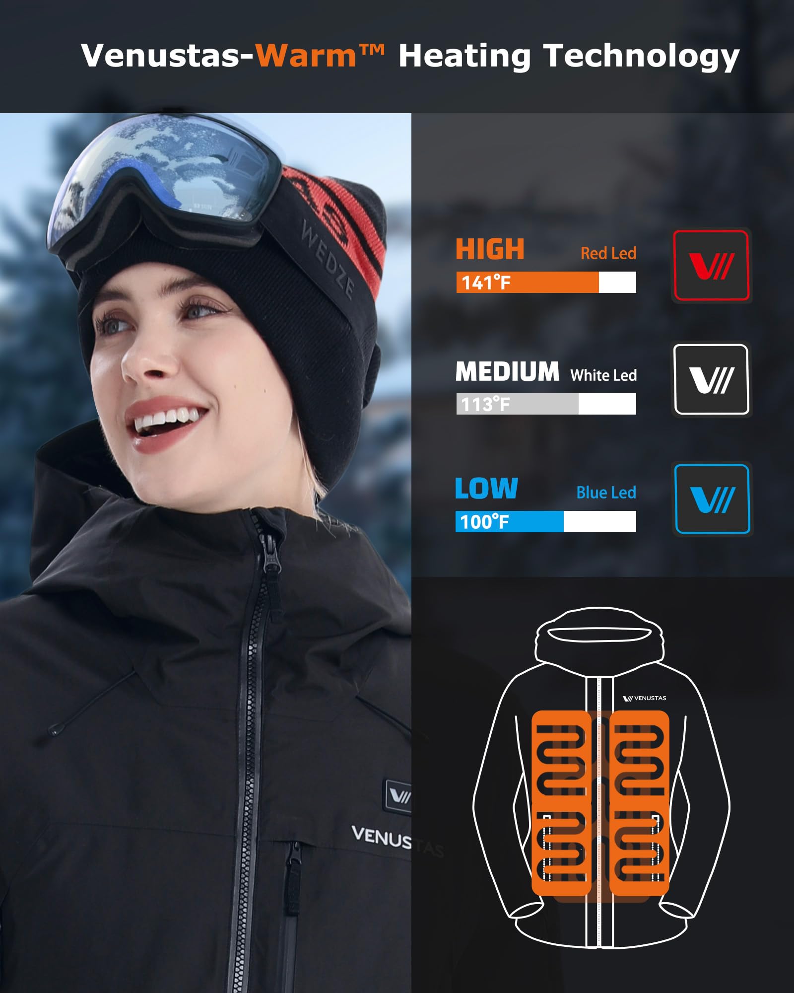 Venustas Women's Heated 3L Ski Insulated Jacket with 12V Battery, Waterproof, Windproof,Breathable, RECCO Reflector Built in