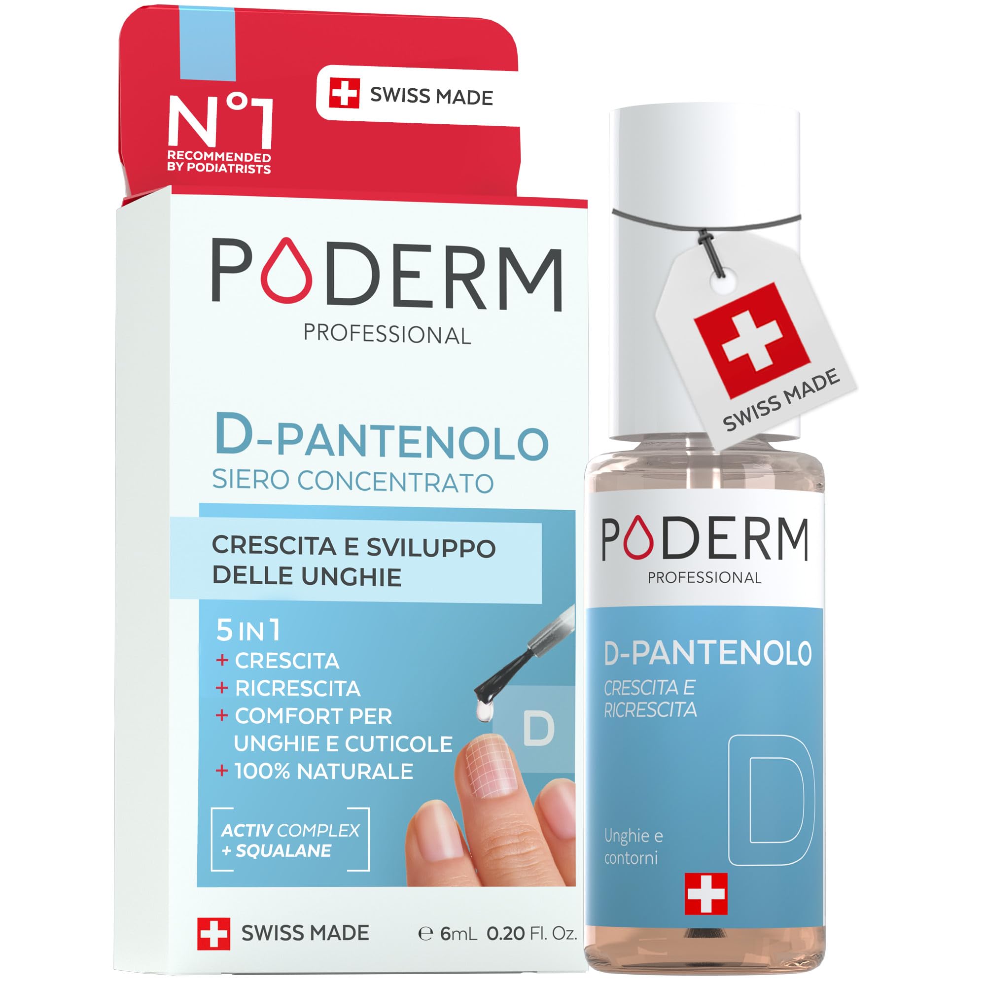Poderm 5 in 1 Siero Booster Unghie - D-Pantenolo | Trattamento Rinforzante & Crescita per Unghie Fragili - 6 ML | Favorisce Limita la Rottura | 100% Naturale - Sviluppato da un Podologo in Svizzera