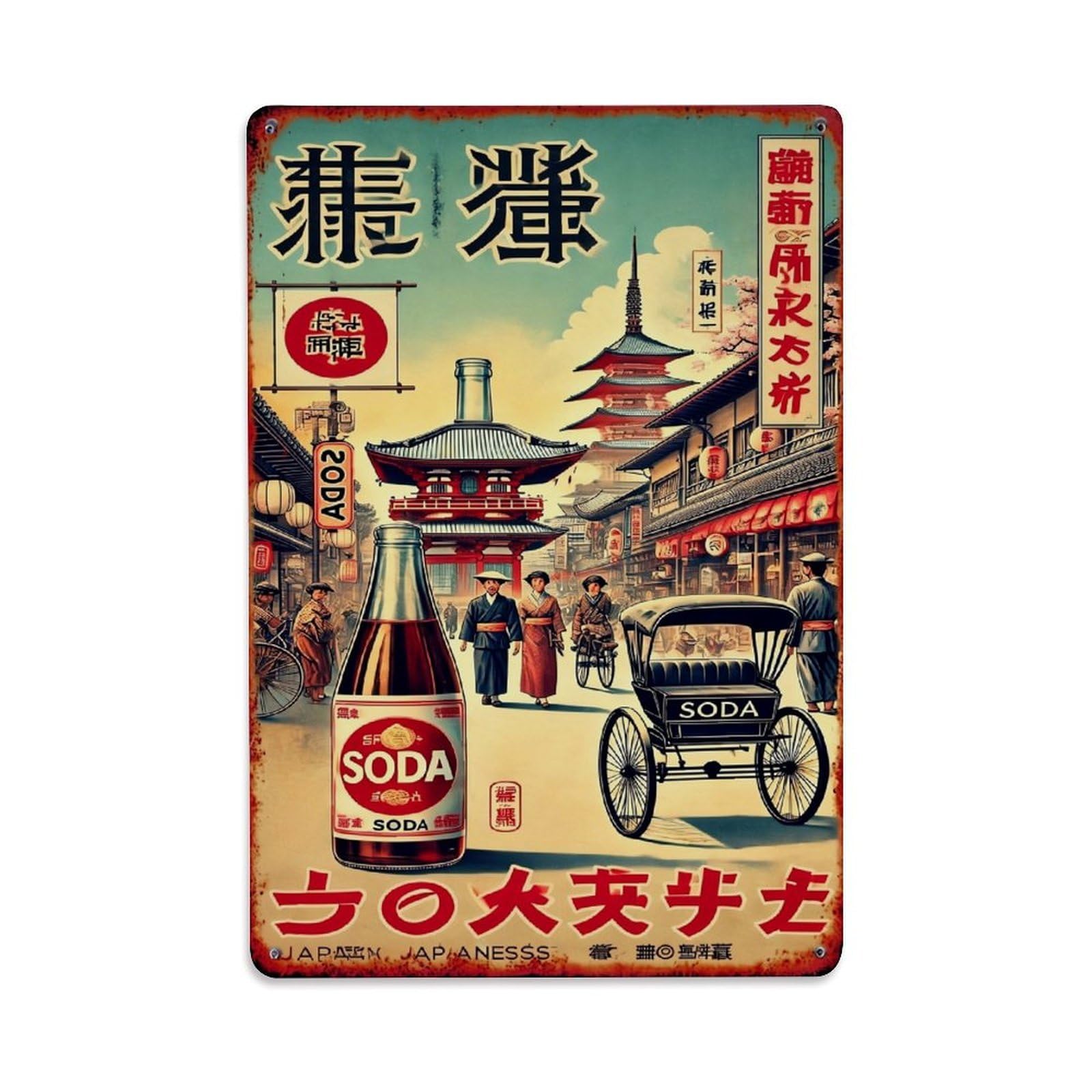 Jdfenggu Vintage Soda Bottle Japanese Street Scene Retro Metal Tin Sign, Metal Poster For Bar, Home, Man Cave, Kitchen, Laundry Room Art Decor 8X12 Inch