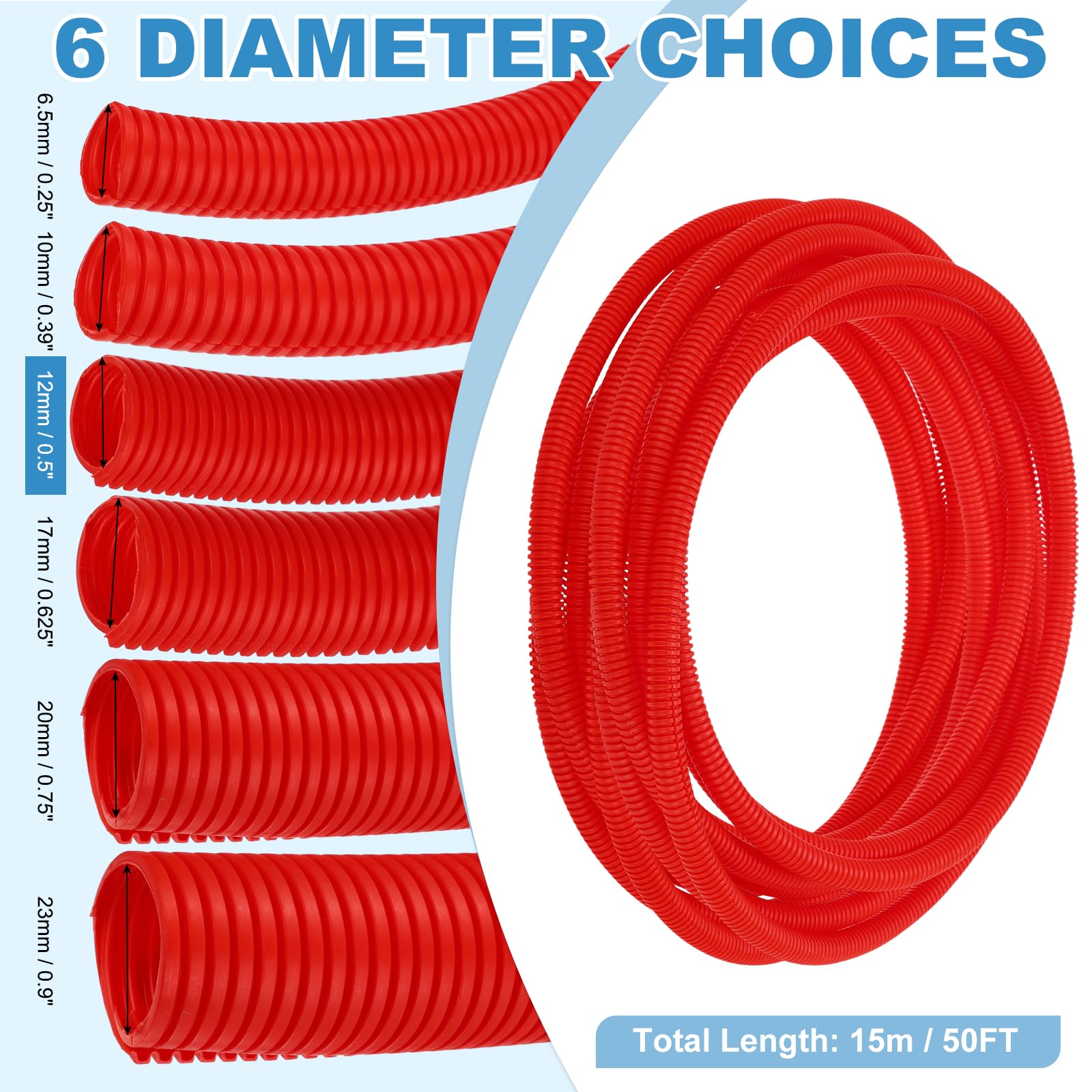 QUARKZMAN Gaine Fendue pour Câbles 1/2"(12mm) DI 50FT(15m) Gaine pour Câbles Résistante A La Chaleur Et Au Froid -40F A 257F Conduit Flexible en Plastique Protecteur De Câbles, Rouge