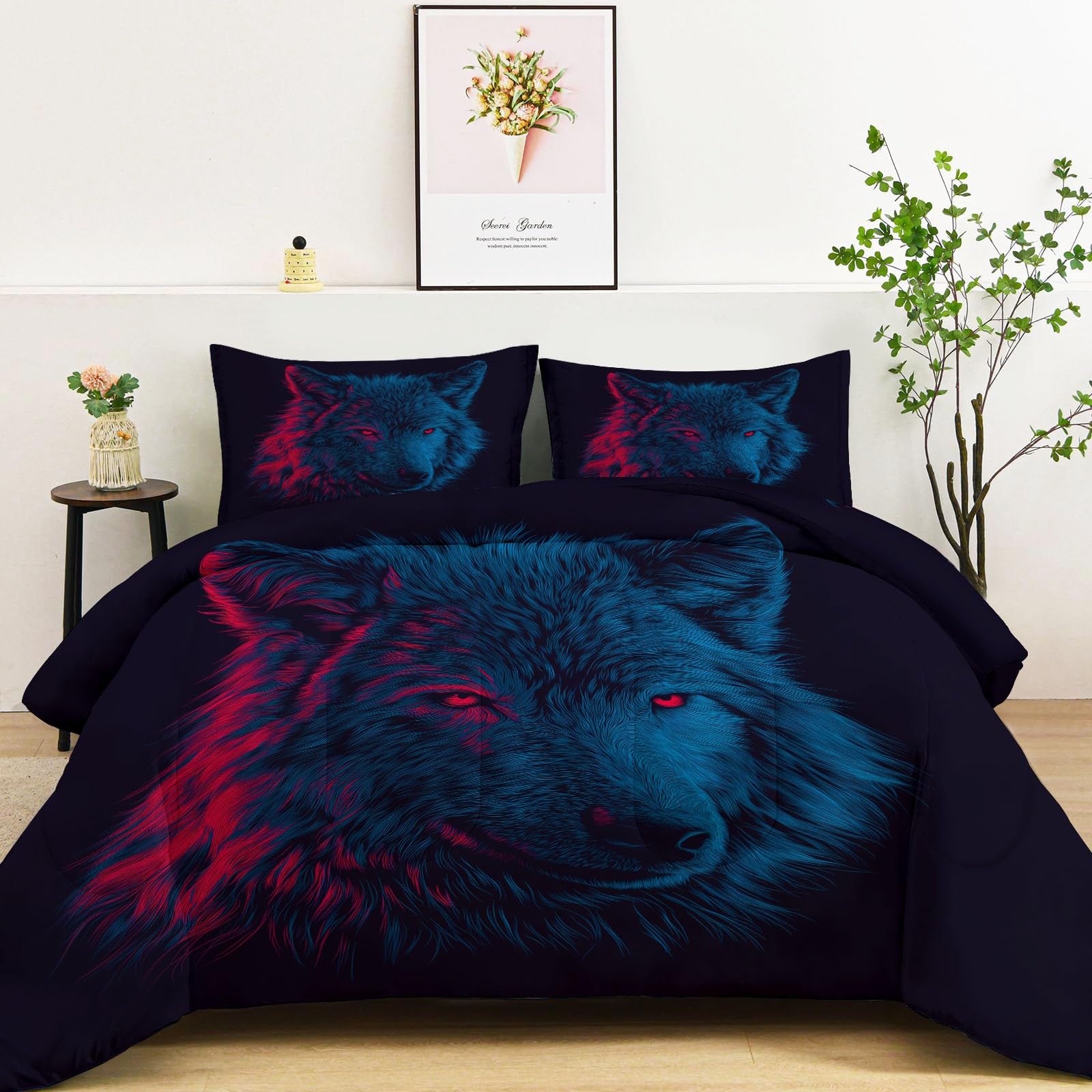 Kołdra 135 x 200 cm Fantasy Wilk Oczy Błyszczą Miękka Kołdra Nadruk 3D, Wymienna kołdra na 4 pory roku, dwustronny koc, z 2 poszewkami na poduszki, do sypialni, niebieski