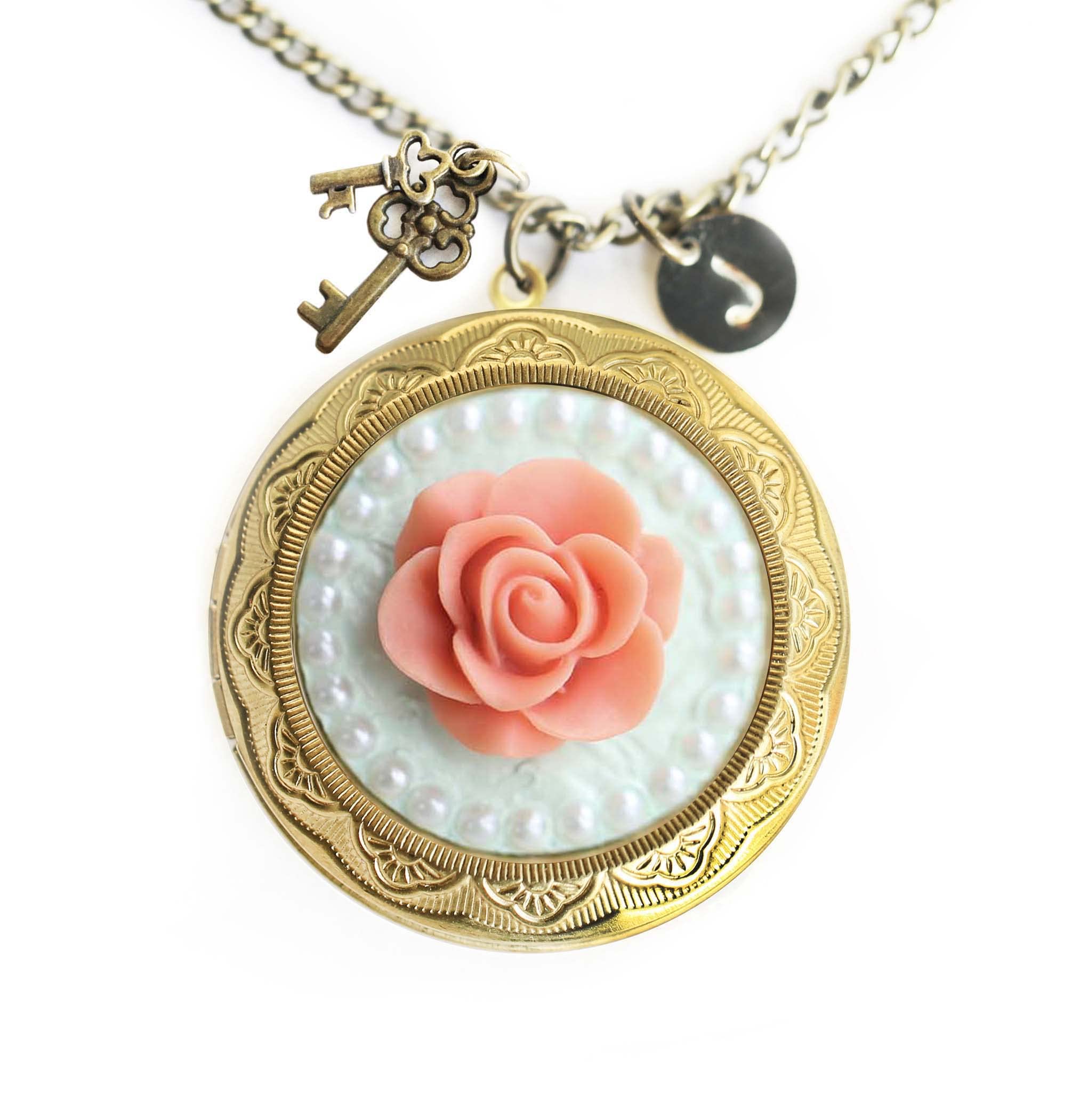 pink flower pearl locket necklace with photo,Custom initial disc locket necklace,personalized hands tamped necklace