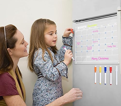 Miniatura 6 de Calendario magnético de borrado en seco, calendario acrílico, pizarra blanca transparente de 16 x 12 pulgadas para refrigerador con 6 marcadores