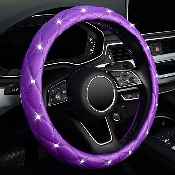 KAFEEK Diamond Soft Leather Steering Wheel Cover with Bling Bling Crystal Rhinestones, Universal 15 inch, Purple