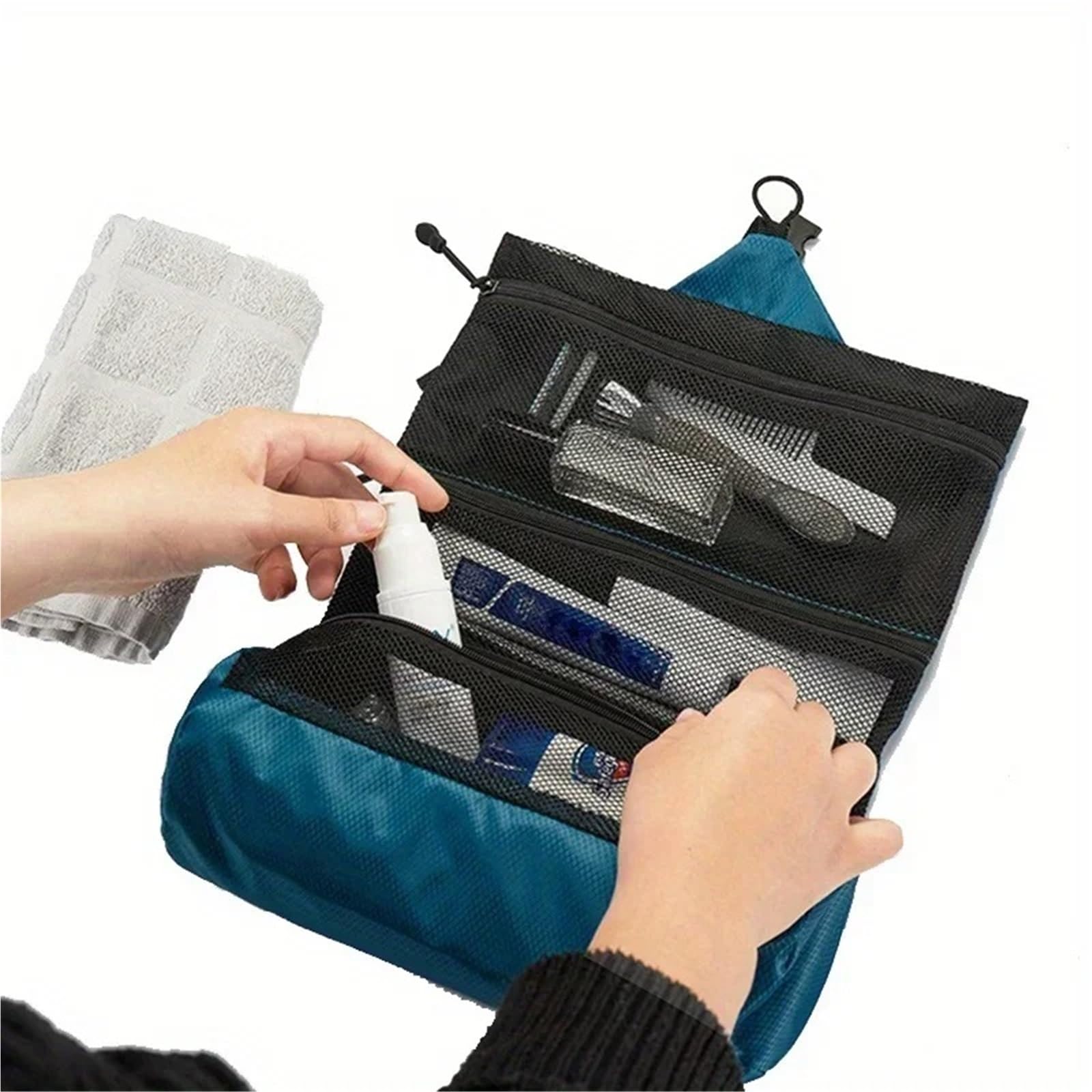 Borsa da toilette pieghevole viaggio 1 pezzo portatile for lavaggio a secco e bagnato con separazione for trucco donna impermeabile Per Viaggi(Dark Blue)