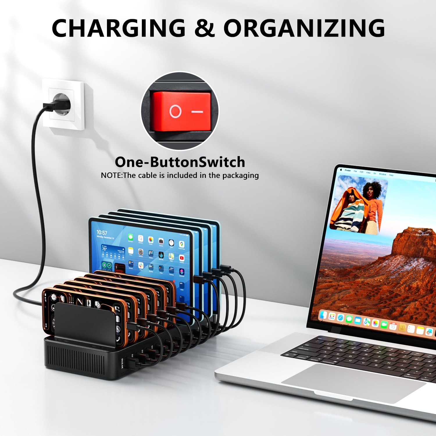 Chargeurs USB C Multiples, Adaptateur Secteur 100W 10 Port, avec séparateur Amovible réglable, Bloc d'alimentation USB-C, Compatible avec iPhone/Samsung/Google/Tablettes/USB Appareils.