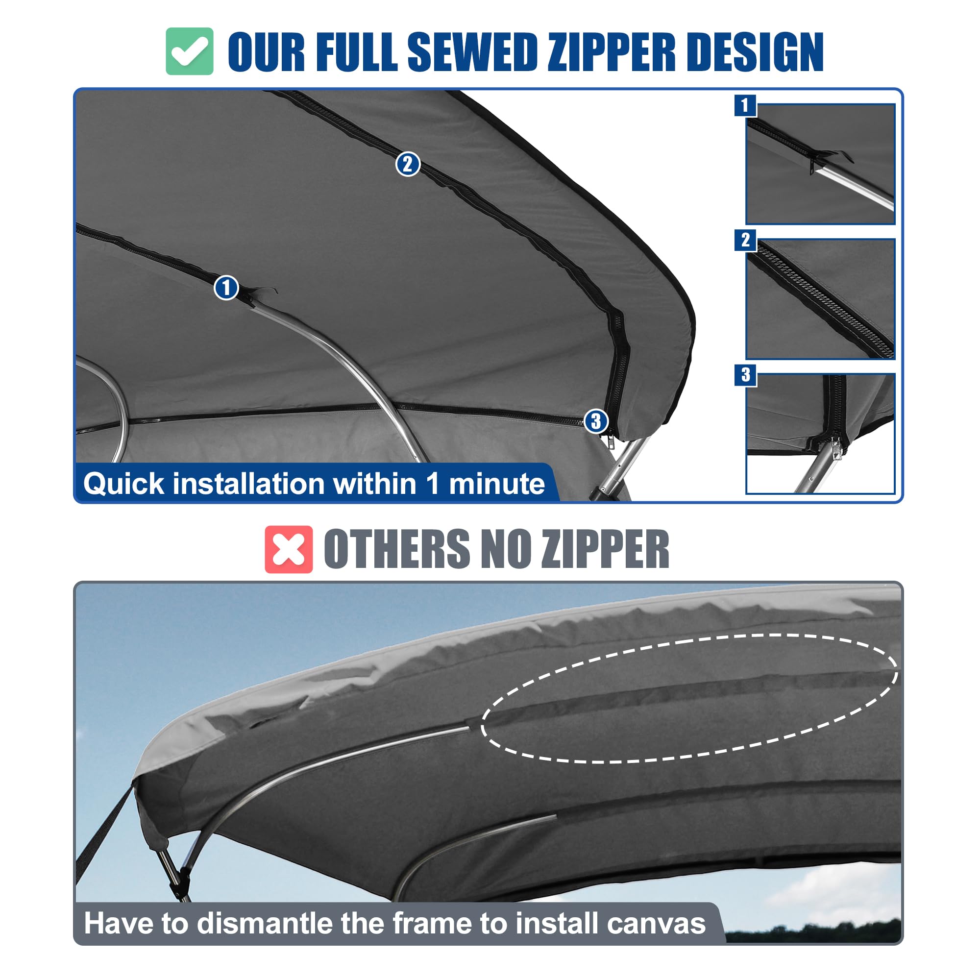X AUTOHAUX 600D 4 Bow 8'L x 54"H x 91 "-96" W Bimini Top Canvas Cover Grigio