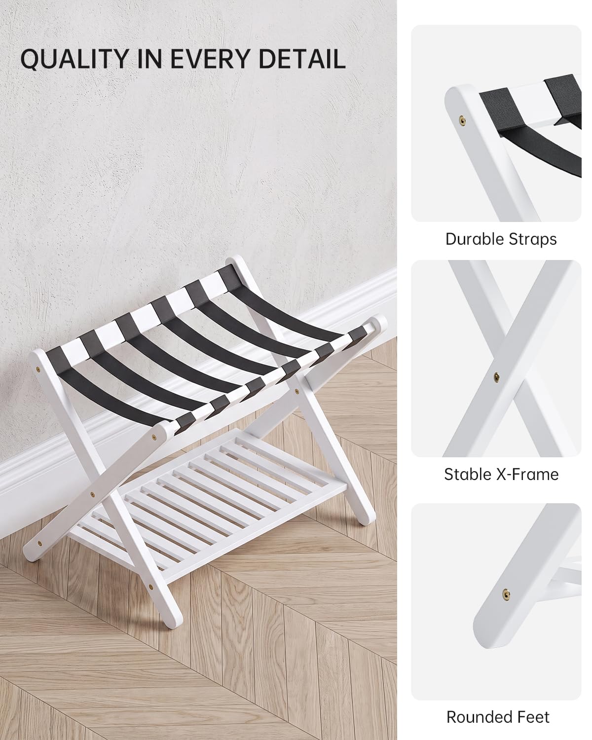 SMIBUY porte-bagages, paquet de 2, porte-valise pliable en bambou avec étagère de rangement pour chambre d’amis, chambre à coucher, hôtel, robuste (blanc)
