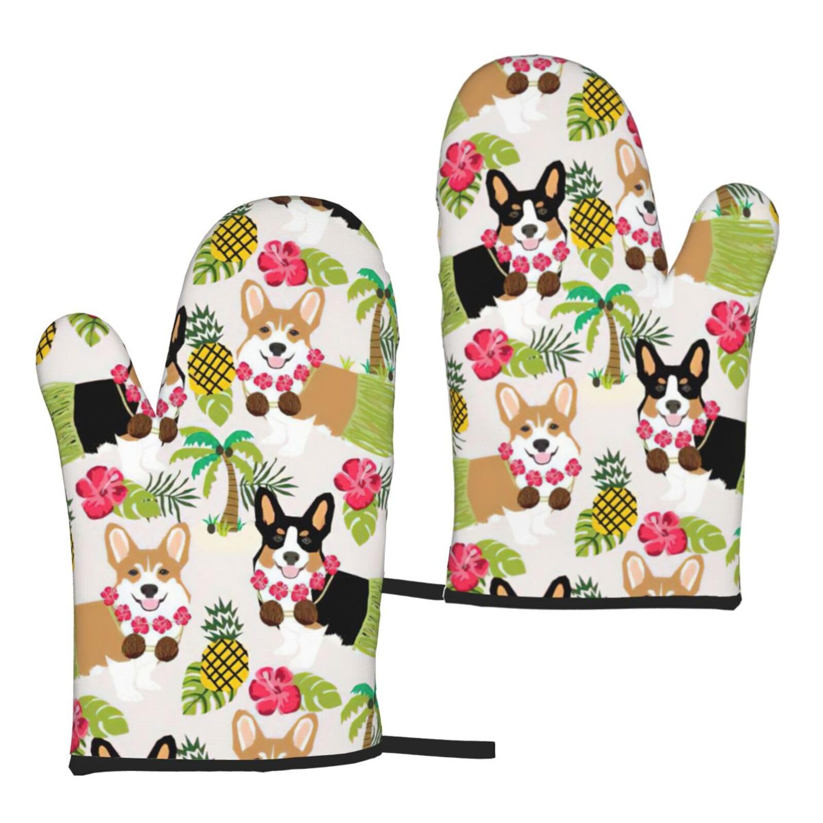 Nimongt Women's Black Corgi Hawaiian Tropical Summer Pineapple Print Adults Universal Fit Heat Resistant Oven Gloves Reusable Cooking Outdoor Grilling