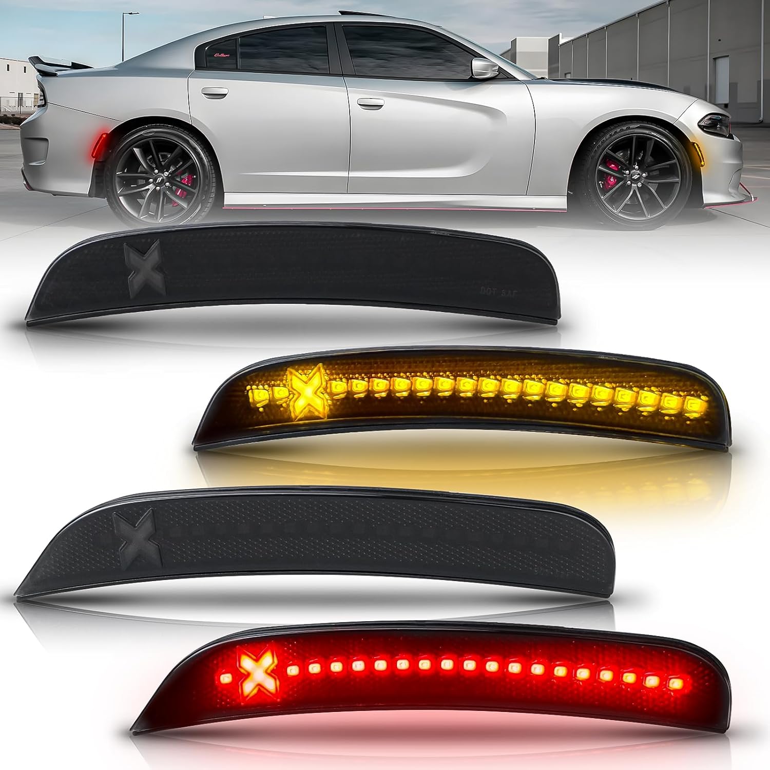 Bestview Xstyle Amber Red LED Side Marker Lights [Patent Pending] for Dodge Charger 2015-2023, Smoke Lens Front&Rear Bumper Reflector Turn Signal Lamp Assembly Kit accessories,Pack of 4