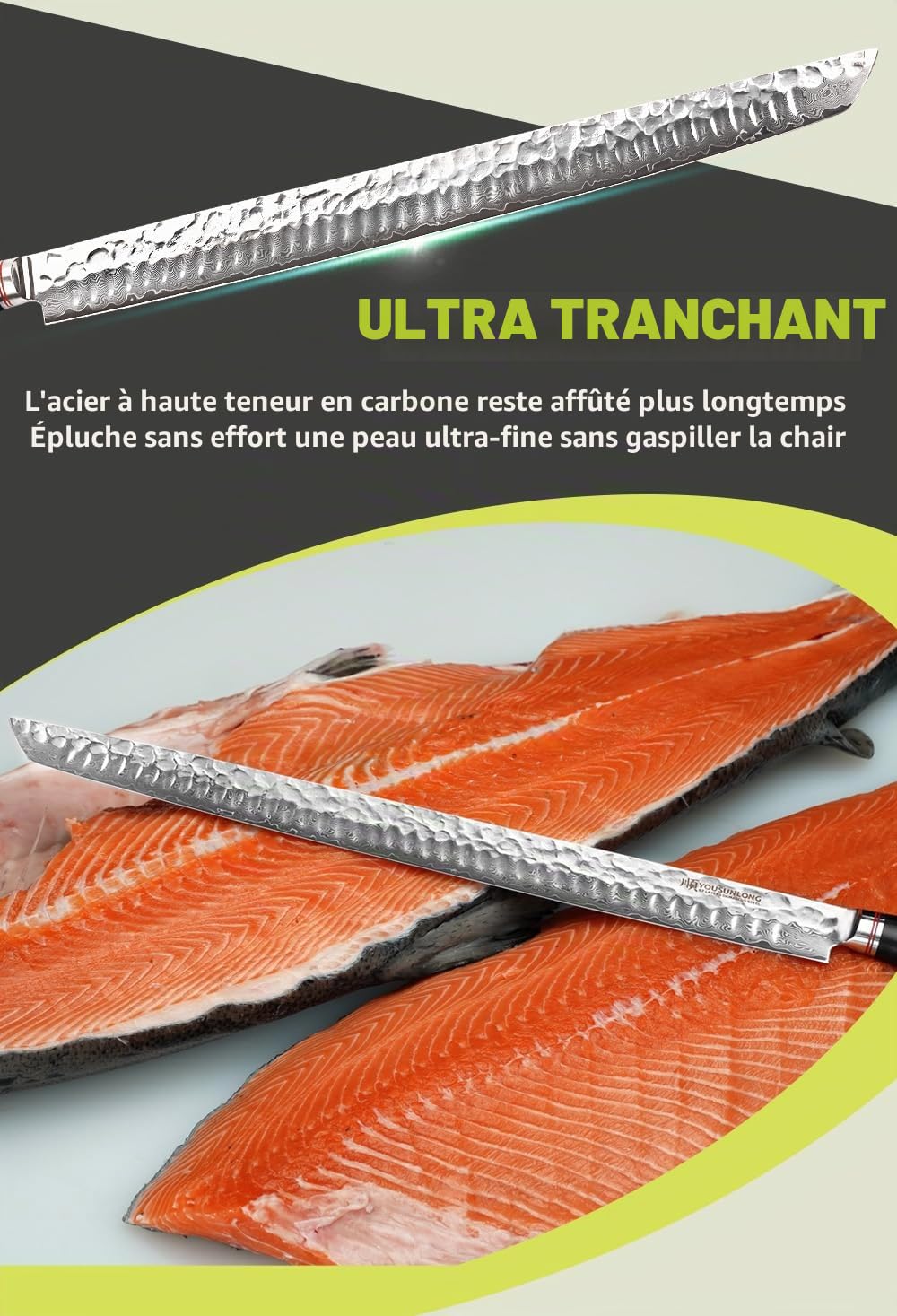 YOUSUNLONG Couteau à thon Maguro Bocho extra large 17 pouces (430 mm) Couteau à trancher Sujihiki Convient pour couper de gros thon, saumon, bœuf et mouton - Manche en ébène avec étui en cuir