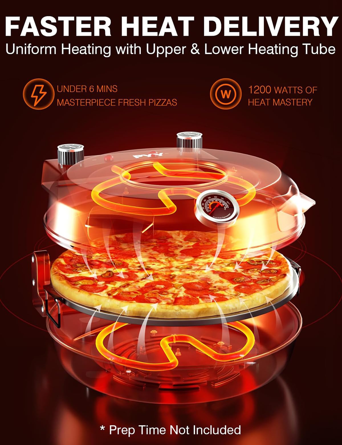 Forno Elettrico per Pizza da 1200 W, Forno per Pizza da Interno da 12 Pollici con Pietra per Pizza e teglia per griglia, termometri integrati, Timer, Finestra di visualiz,
