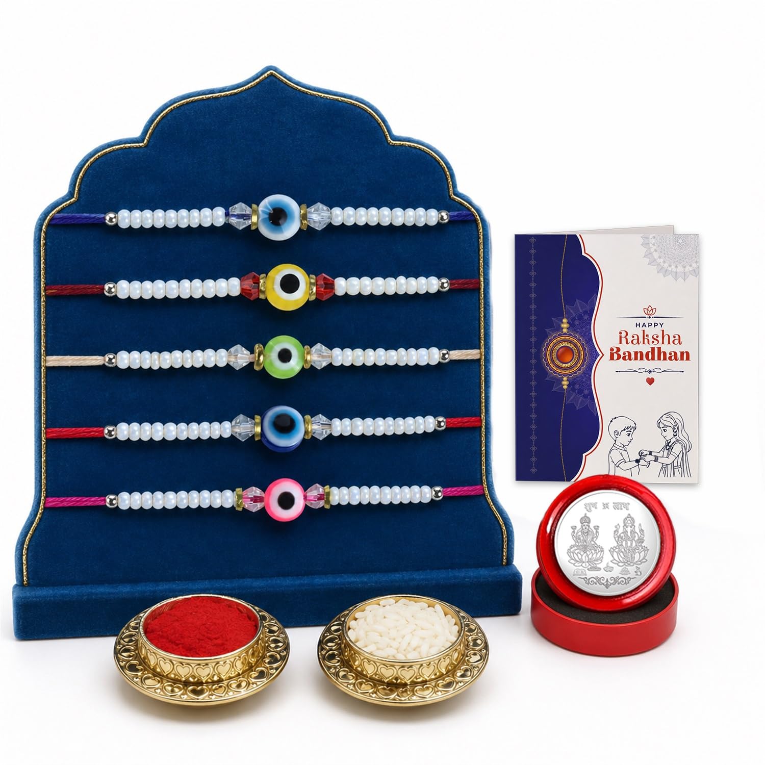 oblivion Baby Buddha Set of 4 Pcs – Stylish Mix Design with Multicolor Beads Rakhi Set for Brother 5 Pcs with Silver Color Pooja Coin and Greeting Card, Traditional Raksha Bandhan Celebration Combo-picture-26