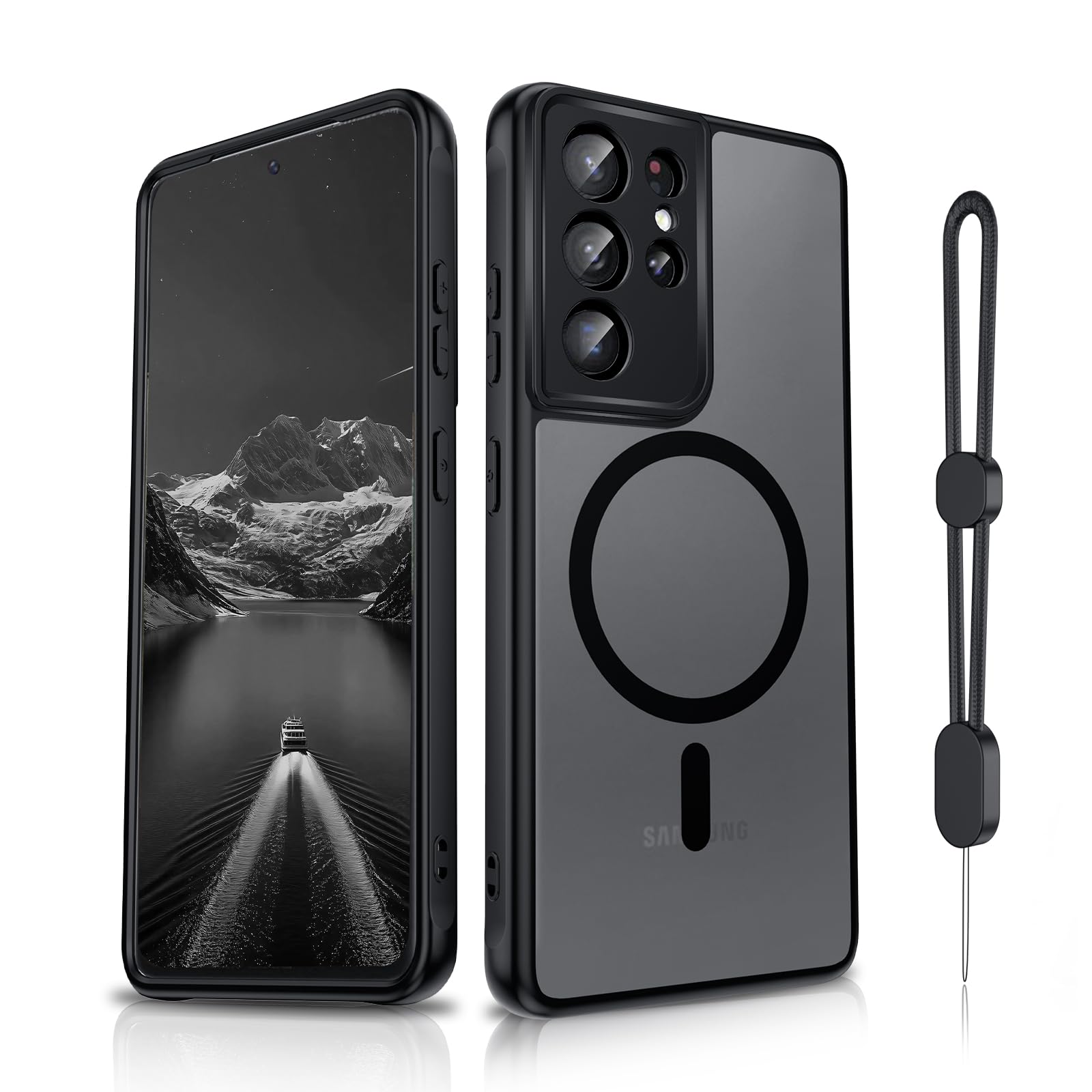 Dizn Magnetic Case for Samsung Galaxy S21 Ultra Case:[𝐍𝐨𝐭 𝐅𝐢𝐭 𝐒𝟐𝟏],Fit for MagSafe, with Strap, Matte Translucent Soft Touch Cover &amp; Shockproof Protective 6.8-Inch Samsung S21 Ultra 5G,Black