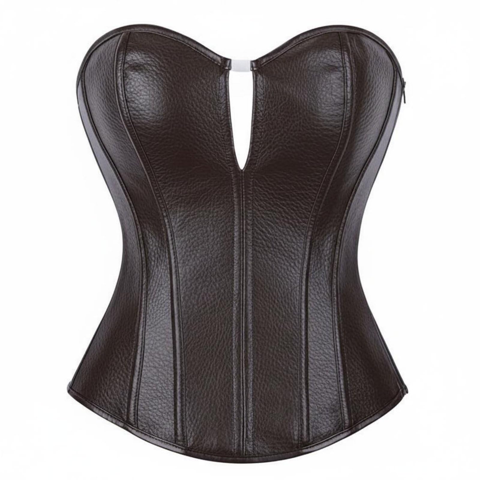 HEAVENGLOW Vintage Aesthetic Zipper Side Leather Bustier Body Shaping Boned Push up Corset Top Faux Leather Corset for Parties, Clubbing, Costumes, M-picture-28