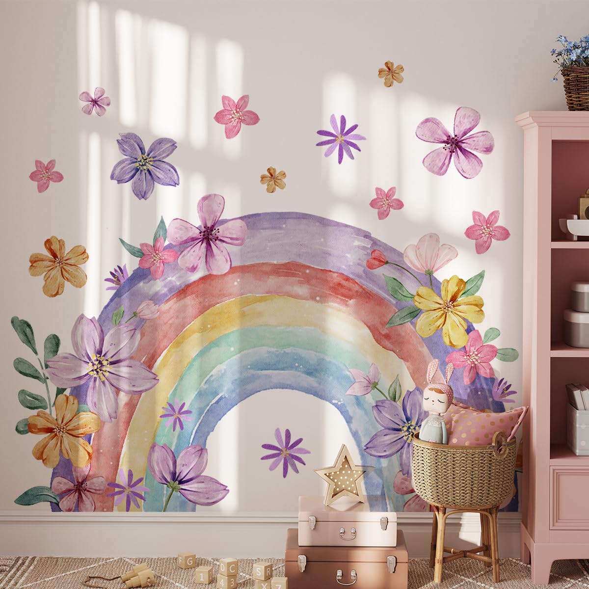 Bordo adesivo da parete con fiori selvatici, adesivo da parete floreale boho, decorazione floreale ad acquerello per la cameretta dei bambini