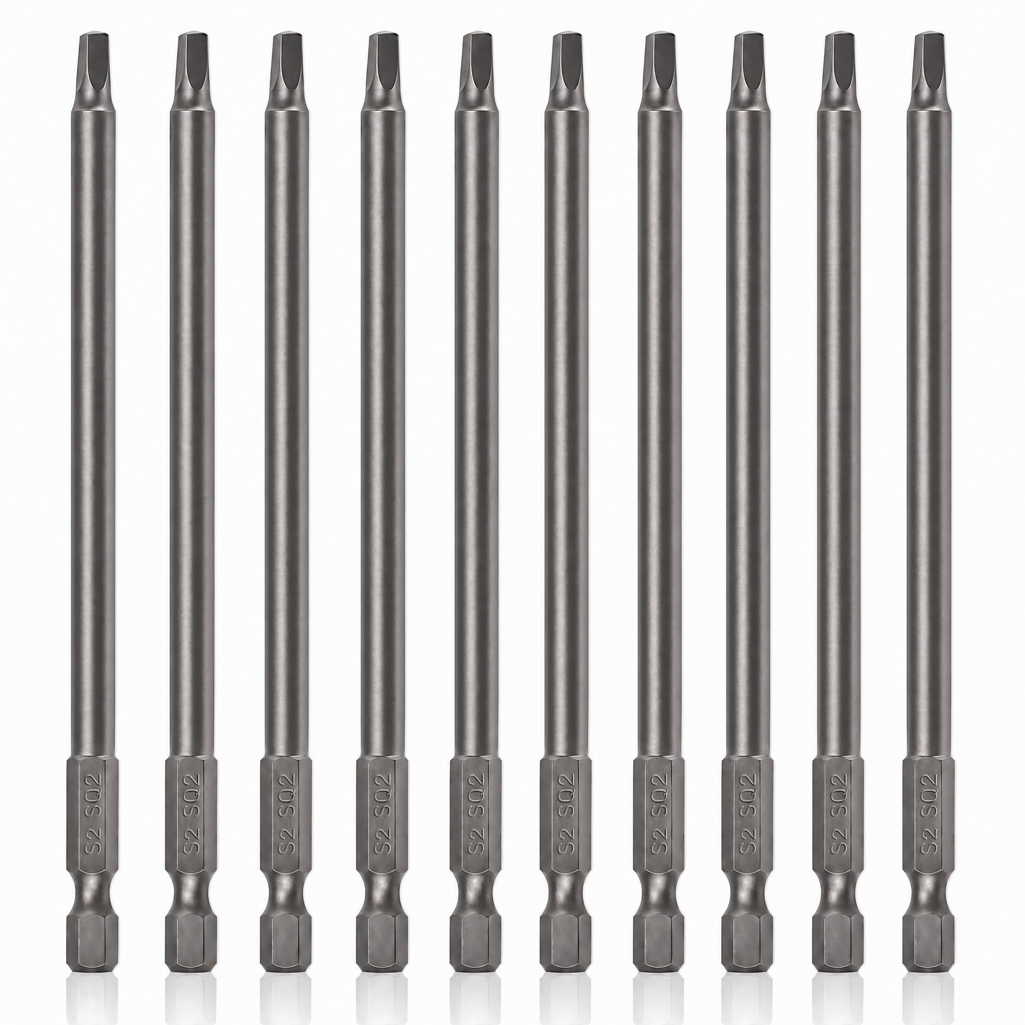 VESTTIO Juego de 10 puntas de destornillador de cabeza cuadrada SQ2 de 1/4 pulgadas con vástago hexagonal de 6 pulgadas/150 mm, acero S2 con magnético para destornillador eléctrico, taladro de impacto