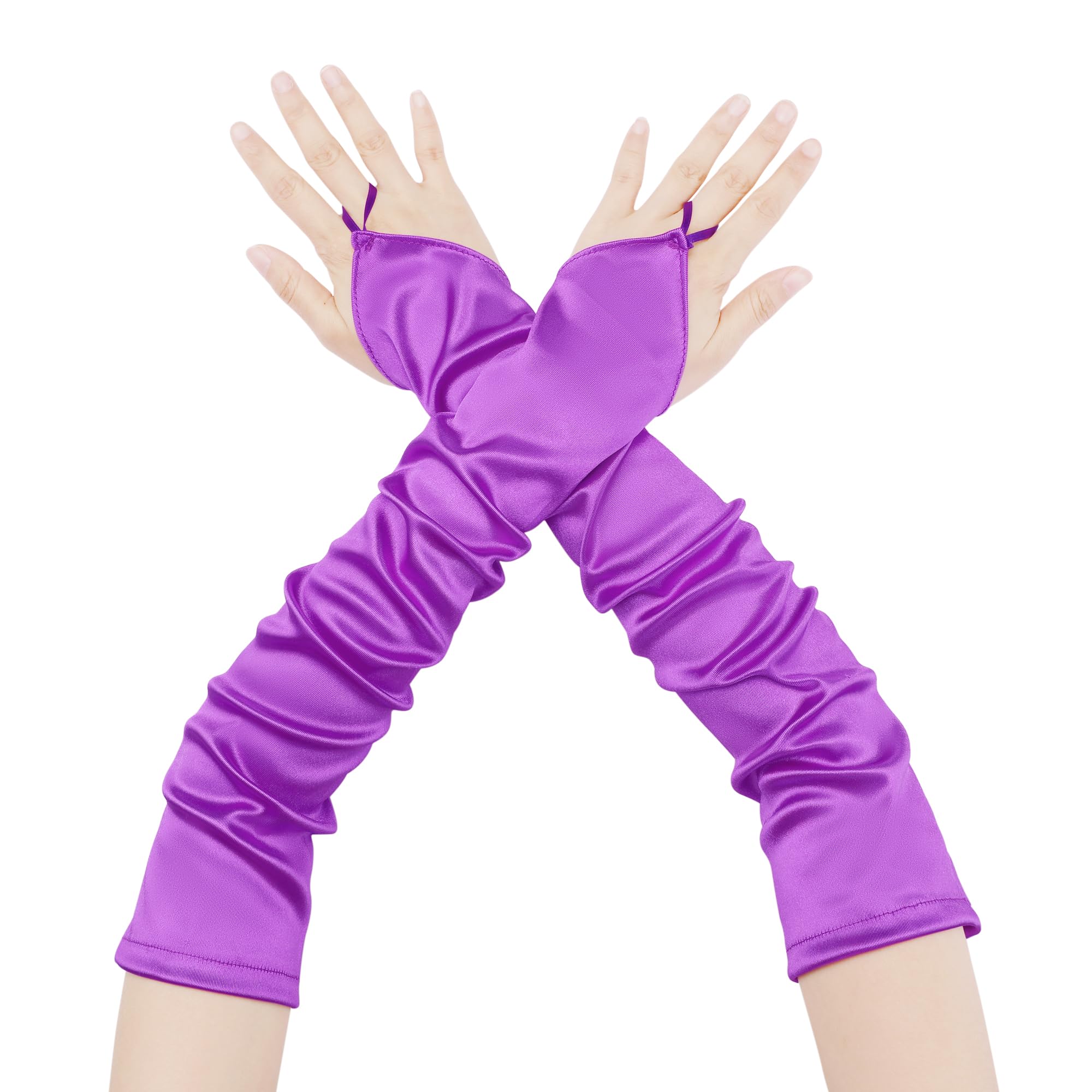 Elerevyo Women's Fingerless Sleeves Elbow Long 1920s Satin Gloves with Finger Loop for Wedding Party Purple One Size