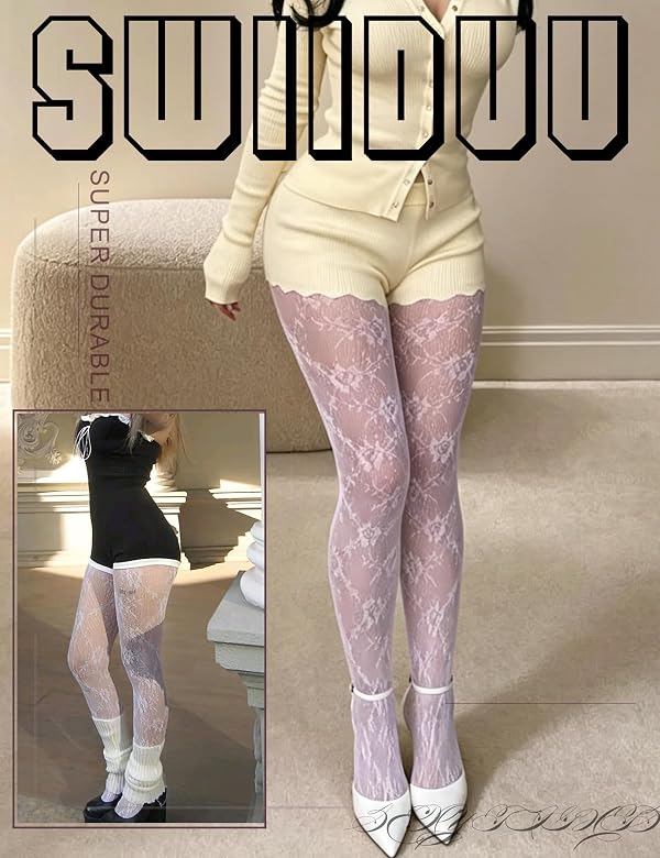 SwiiDuu Sexy Tights for Women High Waist Fishnet Stockings Lace Leggings Floral Lace Pantyhose-White by SwiiDuu - Used condition - Image 5