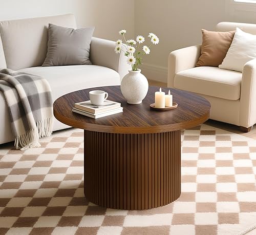 Miniatura 5 de Mesa de centro redonda de 31.5 pulgadas, única mesa de té de madera marrón pequeña, mesa central redonda bohemia moderna de mediados de siglo para