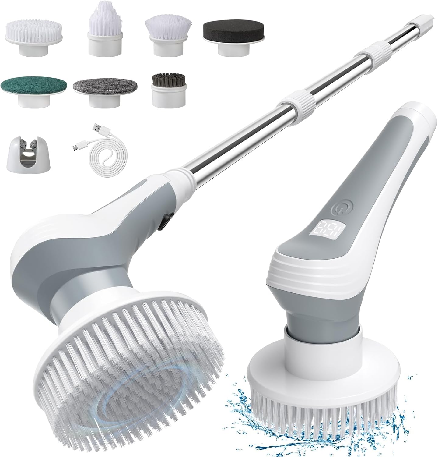 Electric Scrubber for Cleaning Bathroom with Replaceable Brushes – Waterproof Scrubber Brush with Long Handle & LED Display – Dual Speed Power Spinning Brush for Cleaning Bath & Shower