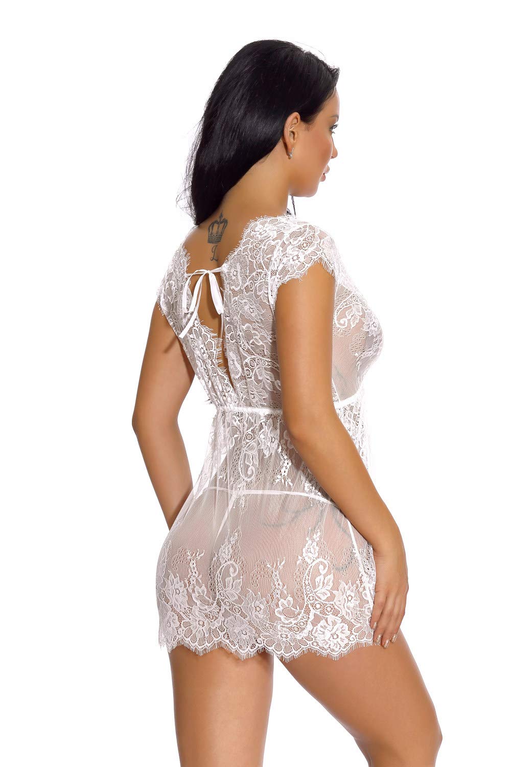 Lencería sexy para el día de San Valentín, conjunto de lencería sexy de encaje para mujer, ropa de dormir de babydoll con tanga Chemise, vestido de noche con cuello en V profundo, camisones de luna