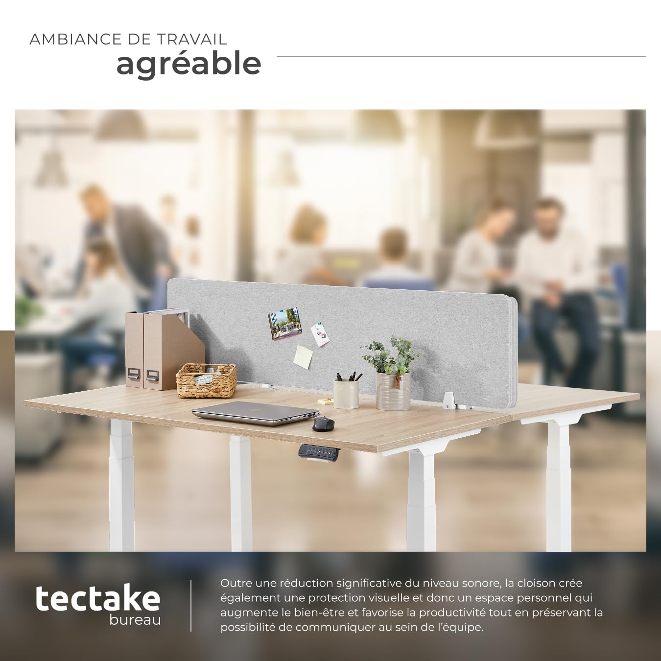 tectake® Cloison Amovible sans percage pour Bureau Anti-Bruit et Protection visuelle, Paravent Interieur, idéal Open Space et télétravail pour insonorisation, Montage Facile, Accessoires Bureau