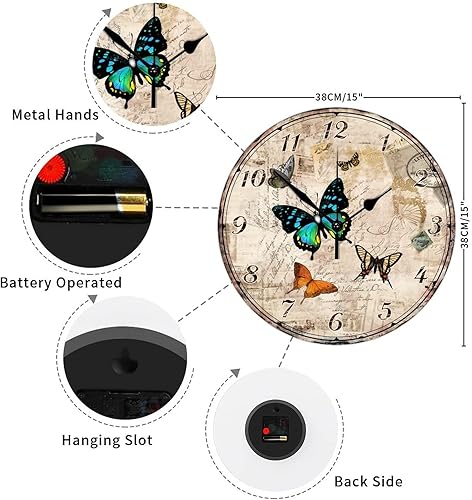 Miniatura 10 de Reloj de pared de madera, estilo vintage, mariposas florales, silencioso, funciona con pilas, reloj de pared redondo de estilo antiguo y elegante,