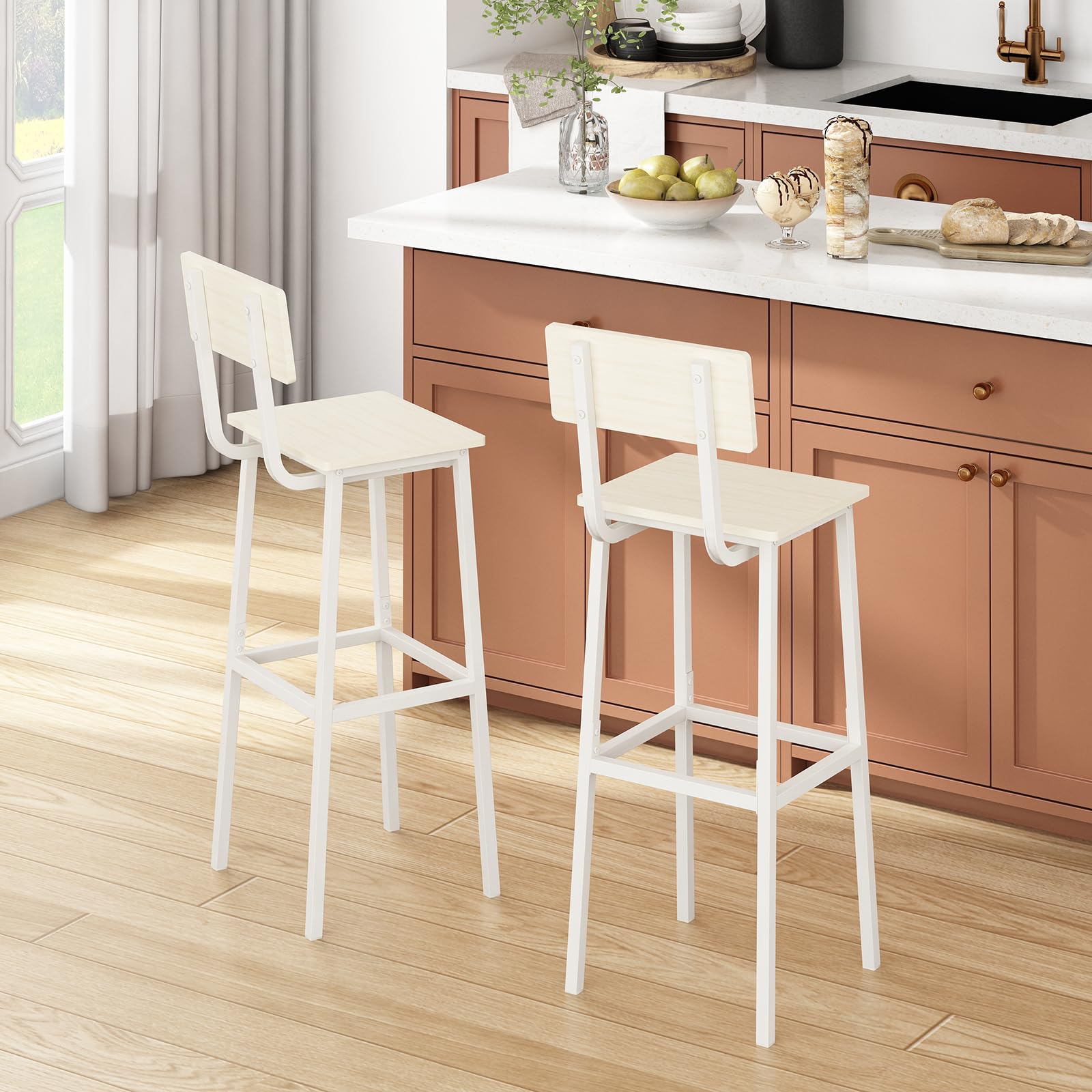 Juego de 2 taburetes de bar, taburete de bar alto con respaldo y reposapiés, sillas de bar altas, taburete de barra de altura de mostrador de estilo industrial para comedor, cocina, marrón