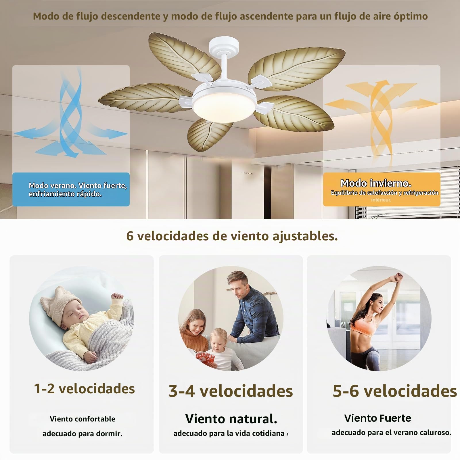 Kviflon 132 cm Moderno Ventilador de Techo con Luz, Diseño de Hoja de Palmera en Tono de Madera Clara, Control por Mando a Distancia o Aplicación, Reversibles, Zonas Exteriores Cubiertas.