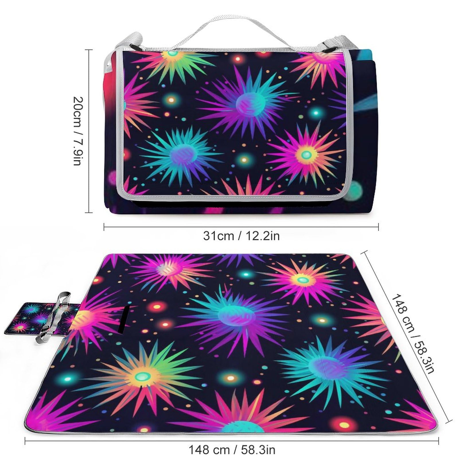 Colorful-Fireworks-Black Picnic Blanket Waterproof Foldable, Large Outdoor Picnic Blanket Beach Blankets Camping Blanket Travel Mat, Shoulder Strap Tote, Rectangle 58x58in