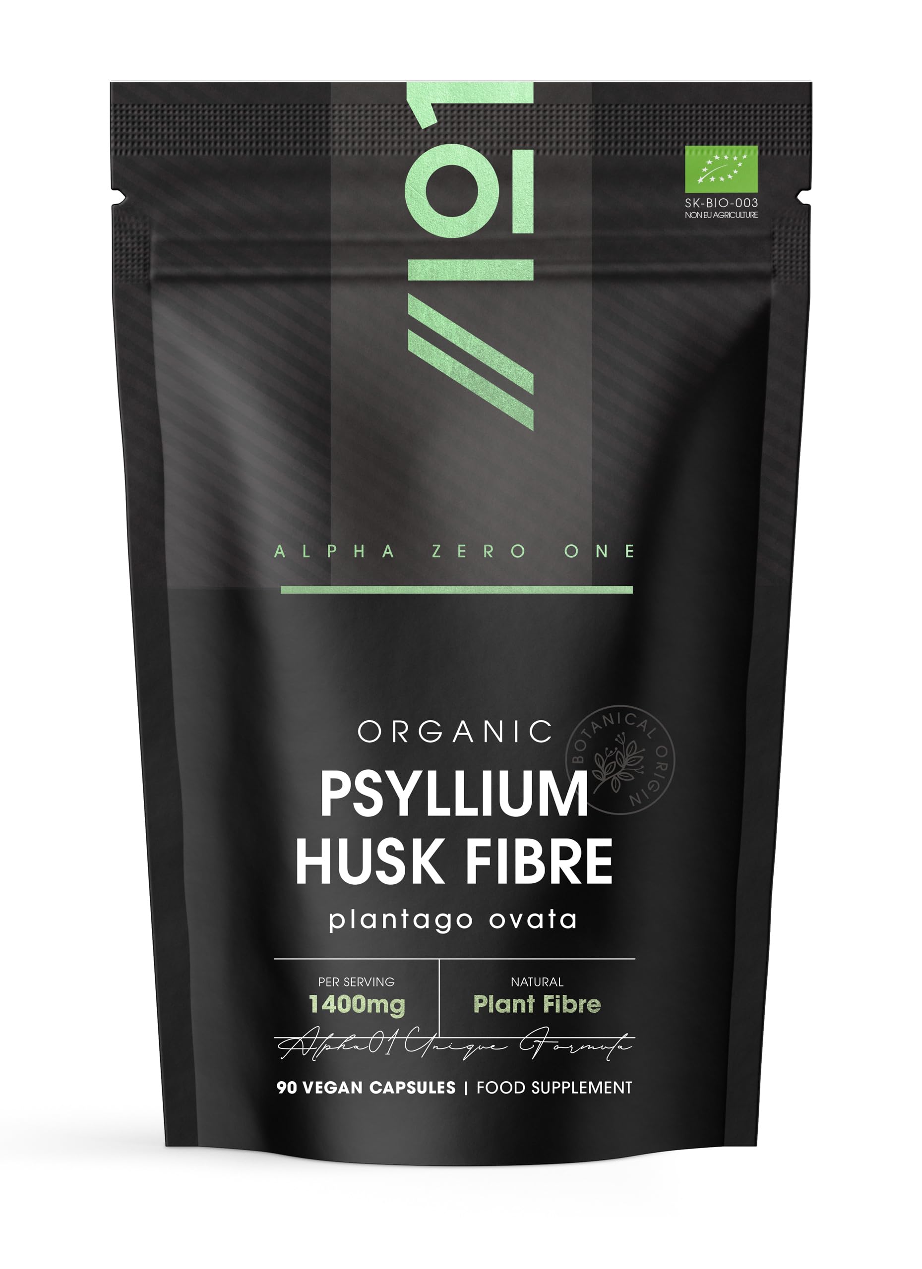 Organic Psyllium Husk Fibre 1400mg - Natural Prebiotic Fibre Supplement from Raw Plantago Ovata Seeds - 90 Vegan Capsules – Resealable and Recyclable Pouch by Alpha01