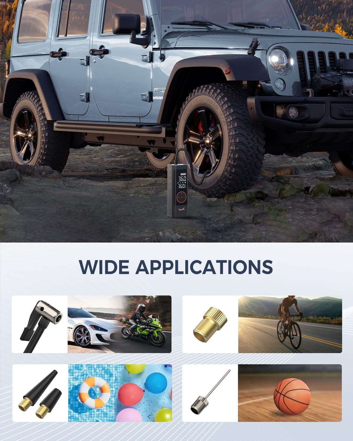 TowerTop Reifenfüller Luftkompressor: 2,5 x schnelleres Aufpumpen, 150 PSI schnurlose Fahrradpumpe mit 7800 mAh wiederaufladbarem Akku, Autoreifenpumpe für Auto, Fahrrad, Motorrad, Ball, Pickup und