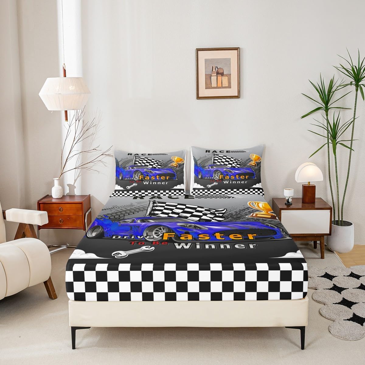Blue Racing Car Fitted Sheet Full Size,Race Gaming Bedding Sets 3Pcs for Kids Boys Men Teens Room Decor,Extreme Sports Competition Bed Sheet Modern Grey Deep Pocket Sheets,2 Pillowcases
